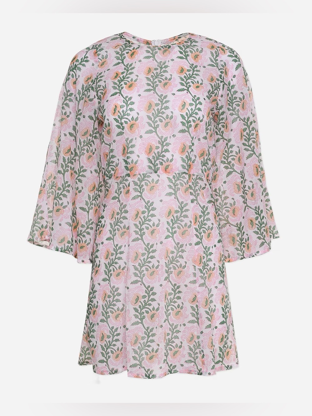 SZ Blockprints Mary Rose Pink Bell Flutter Sleeve Cotton Dress XS 70s Retro Boho
